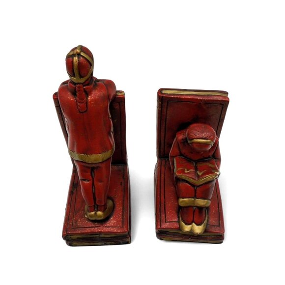 BOOKENDS Asian Boy and Girl ABBOTT Red And Gold Figurines Vintage - Picture 10 of 11